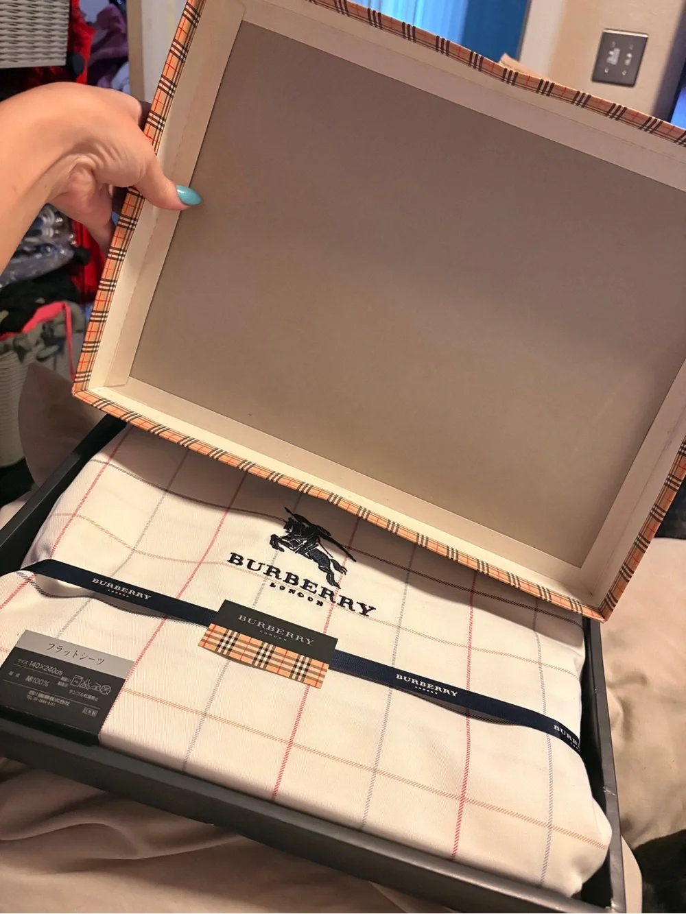 Burberry White Cotton Sheet with Red & Beige Windowpane
